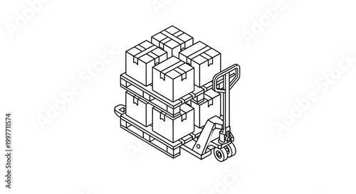 Isometric line drawing of a hand pallet truck moving a wooden pallet loaded with cardboard boxes, representing logistics and warehouse operations.