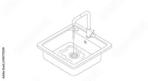 Isometric line drawing of a modern kitchen sink with a faucet dispensing water into the basin, highlighting the drain.