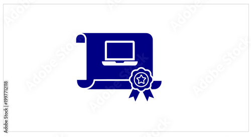Digital diploma line icon. E-learning certificate and laptop outline sign