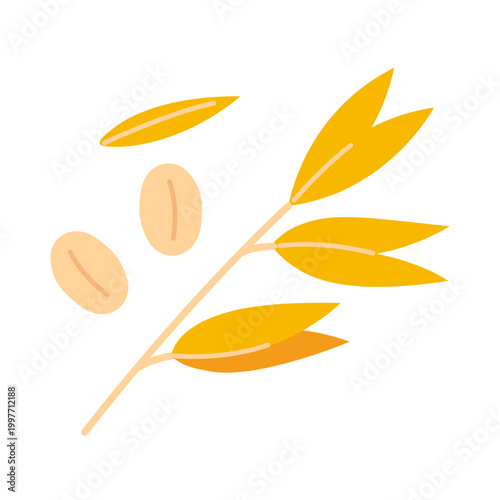 Oat plant with grains and flakes, natural cereal illustration for healthy food, milk alternatives and breakfast concept