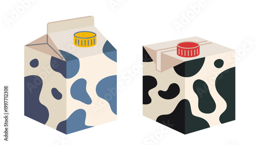 Set of milk cartons with cow pattern, packaging illustration for dairy products, farm branding and beverage design concept