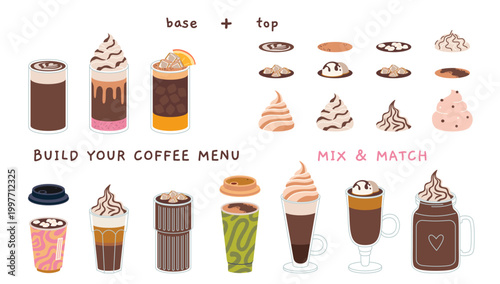 Coffee menu builder set with base and toppings like cream, foam, ice cream and more. Mix and match elements for cafe menu design and customization concept. Trendy modern vector illustration, flat
