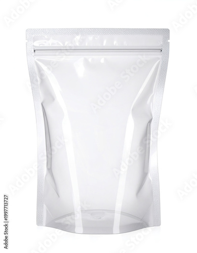 Realistic clear stand-up pouch packaging mockup with a convenient resealable zipper and strong heat sealable top, perfect for various food and beverage product display designs 