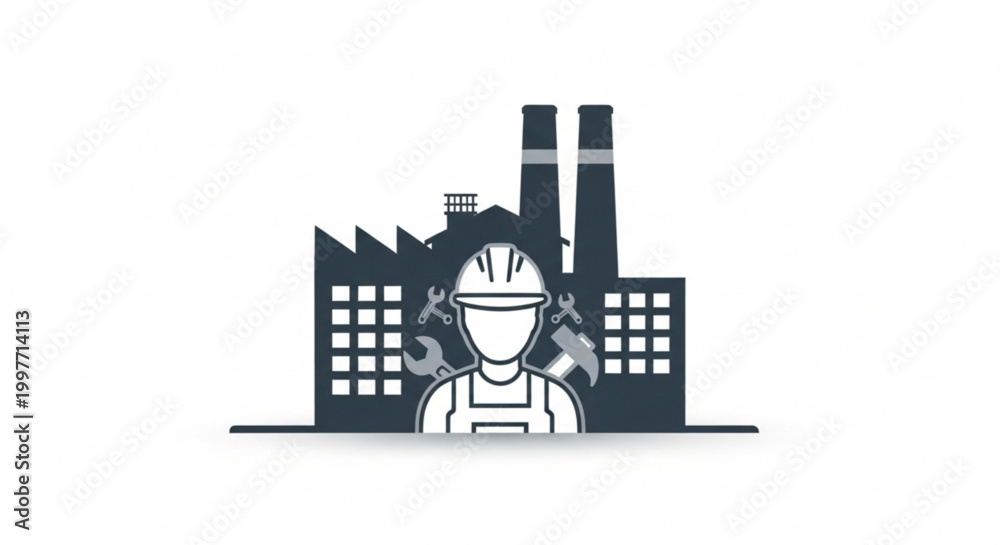 Obraz premium Construction worker with tools and factory building silhouette vector