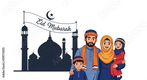 Happy muslim family standing in front of mosque banner illustration