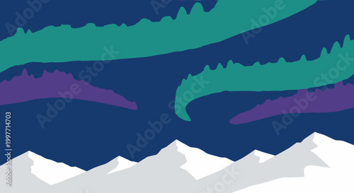 Abstract illustration of colorful aurora borealis lights over snow covered mountains