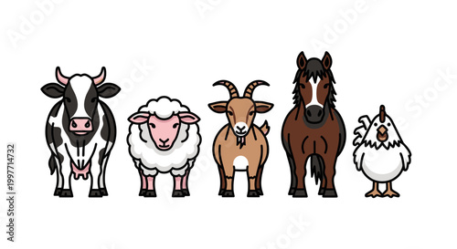 Cartoon illustrations of various farm animals against a white background
