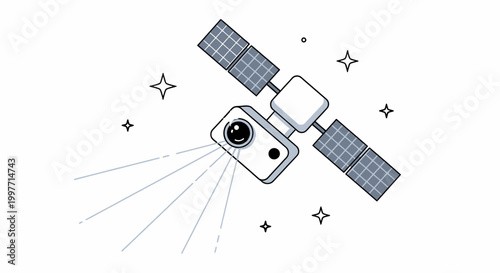 Cartoon satellite illustration in space with solar panels and stars