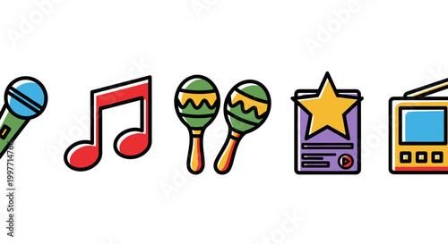 Colorful musical icons microphone musical note maracas star and radio