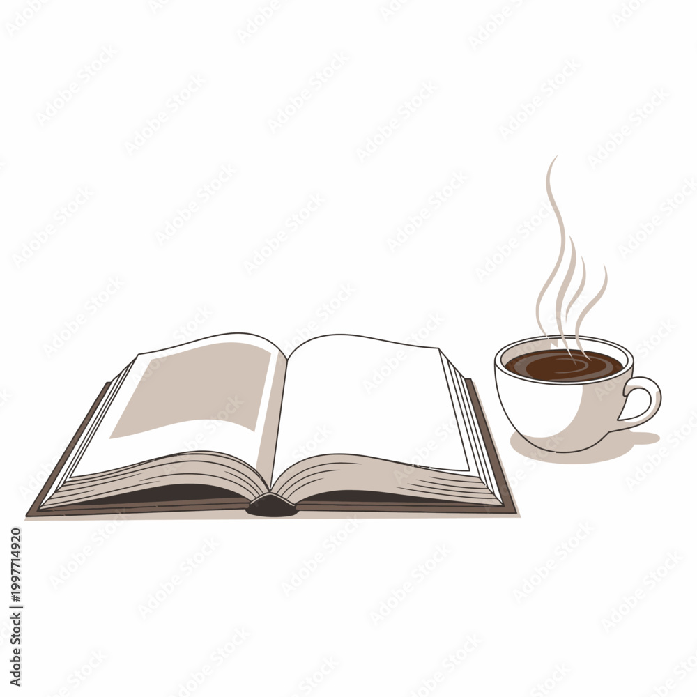 Naklejka premium Open book and coffee cup illustration on white background
