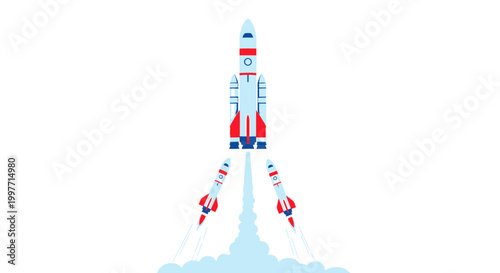 Stylized rocket launch illustration on white background with smoke and thrust
