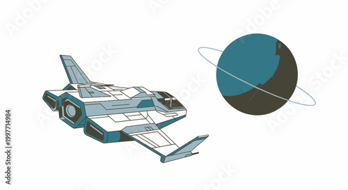 Stylized spaceship and planet illustration on white background