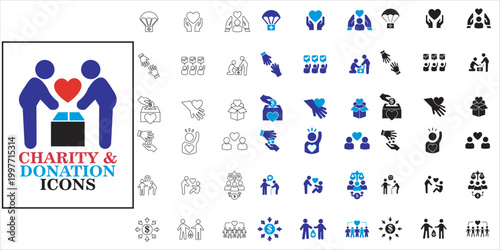 charity and donation icon set. community, help, charity, support, donation and more. simple complete vector