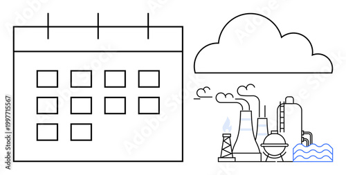 Climate change, resource management, ecological planning, pollution monitoring, industrial impact, air quality. Industrial facility emitting smoke, calendar and cloud. Climate change and resource