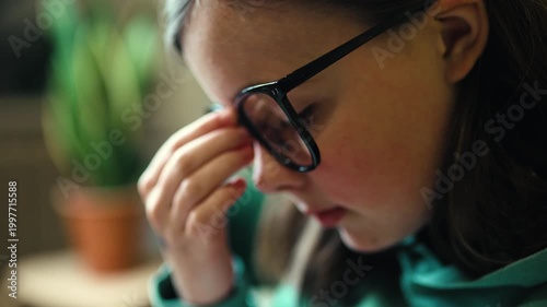 Tired little girl putting on glasses with exhausted eyes, overworked child student rubbing eyes, 4K 10-bit
