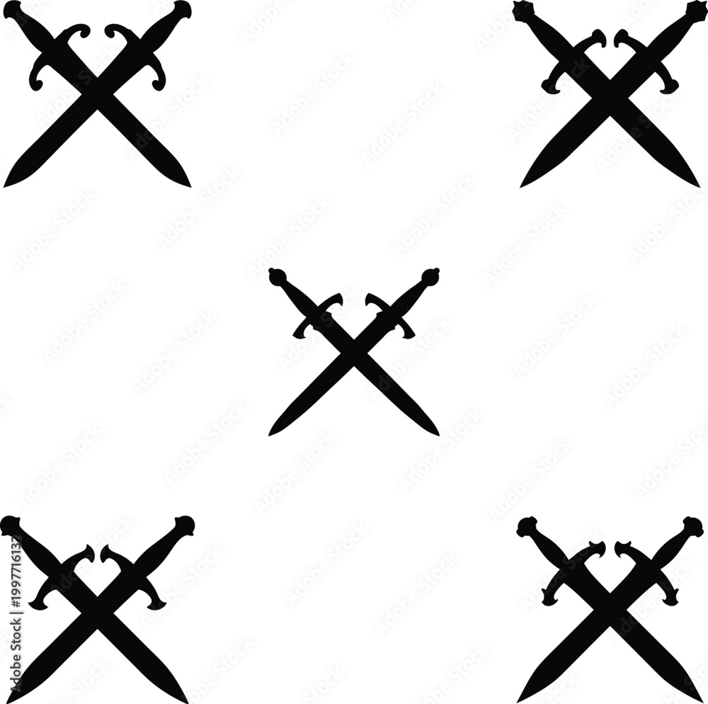 Obraz premium Minimalist black crossed sword silhouettes set isolated on checkered background.