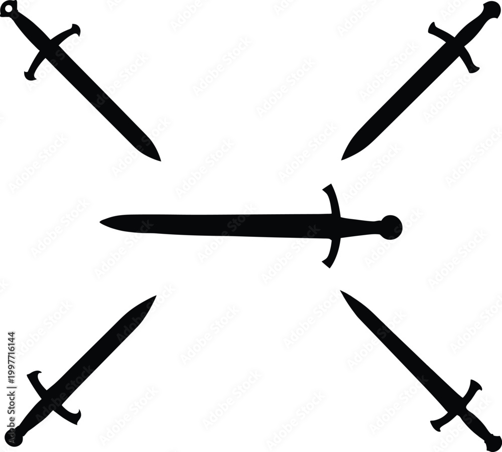 Fototapeta premium Set of black sword silhouettes arranged in cross patterns isolated on transparent background.