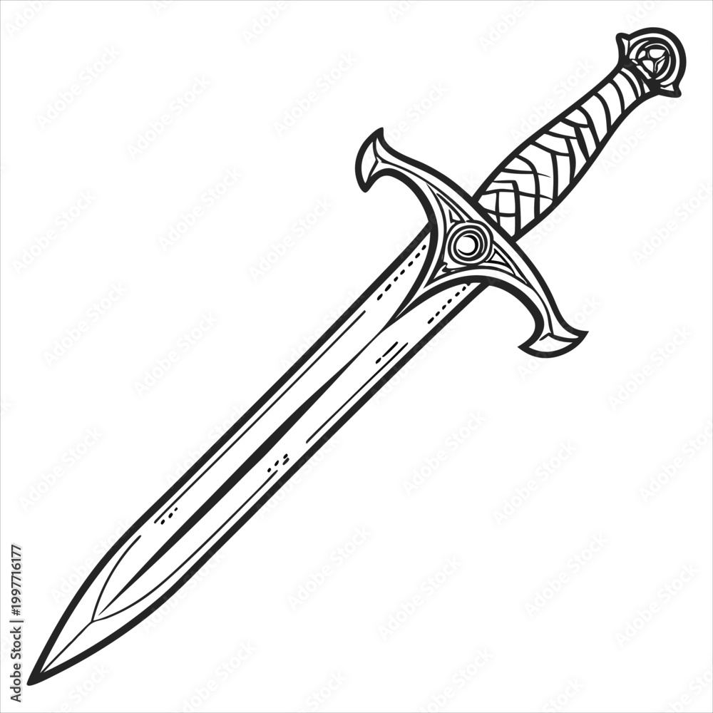 Fototapeta premium Single ornate knightly sword line art illustration with intricate hilt detailing.