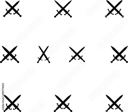 Medieval sword silhouettes collection with various crossed blade designs for gaming.