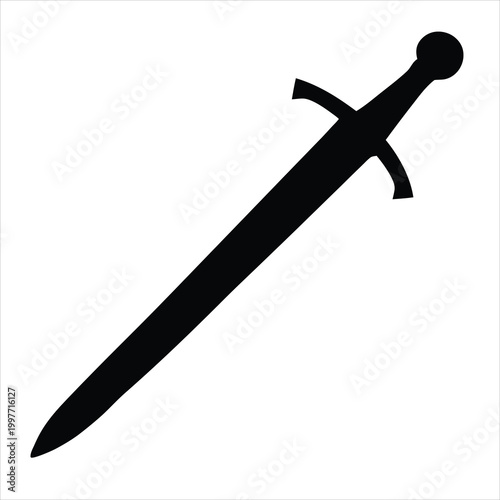Minimalist medieval sword silhouette isolated on white background for design.