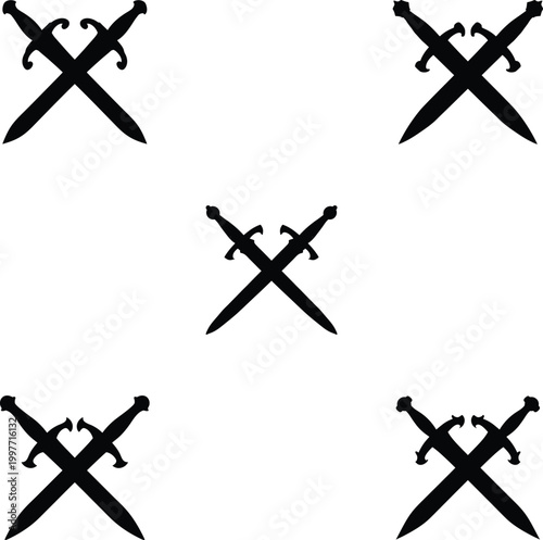Minimalist black crossed sword silhouettes set isolated on checkered background.