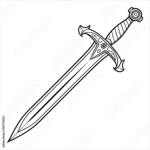 Ornate medieval sword illustration with detailed hilt and sharp blade.