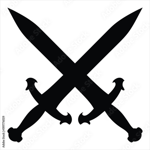 Pair of crossed swords in black silhouette style.