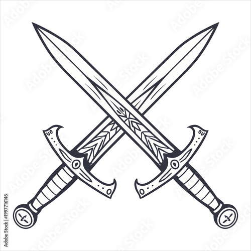 Set of two ornate crossed swords illustration in outline style.