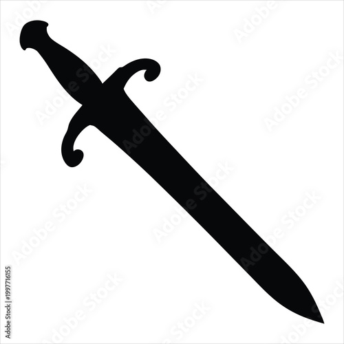 Simple silhouette of classic straight sword isolated on white background.