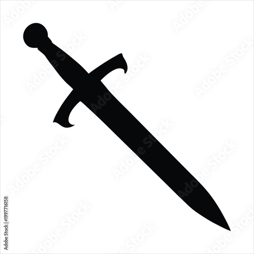 Simple black sword silhouette isolated on white background.