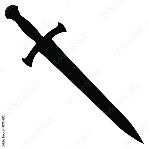 Single medieval sword silhouette isolated on white background, black vector illustration.