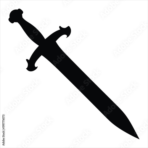 Single medieval sword silhouette isolated on white background, black vector illustration.