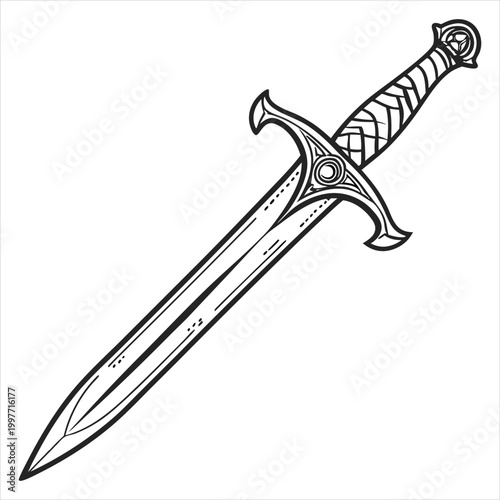 Single ornate knightly sword line art illustration with intricate hilt detailing.