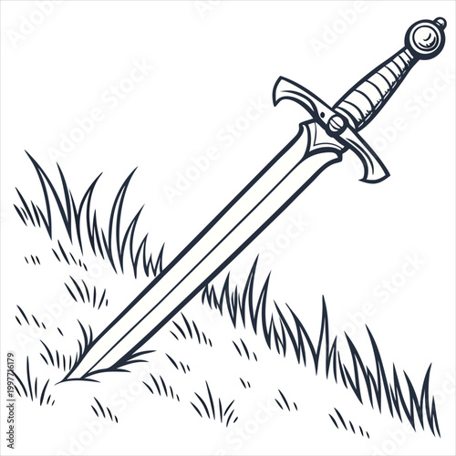 Sword in grass, outline, medieval weapon, fantasy illustration.