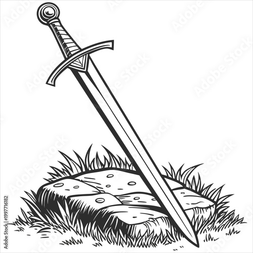 Sword stuck in stone, symbol of power, legend and myth.