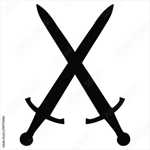 Symmetrical crossed medieval sword silhouettes for tournament or gaming logo.