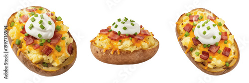 Konstfotografi Gourmet Loaded Baked Potato with Sour Cream and Chives Isolated on White Backgro