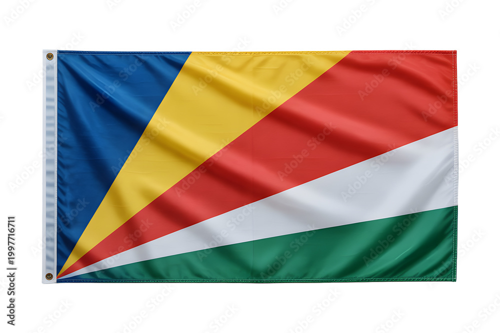 Fototapeta premium Vibrant Seychelles flag waving, a symbol of national pride, identity, and colorful island spirit for travel, tourism, and global events