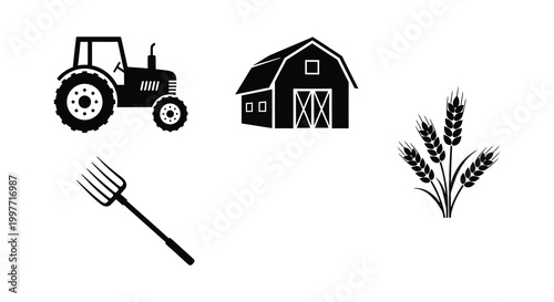 Foto Farm equipment and crops depicted in a stark black silhouette