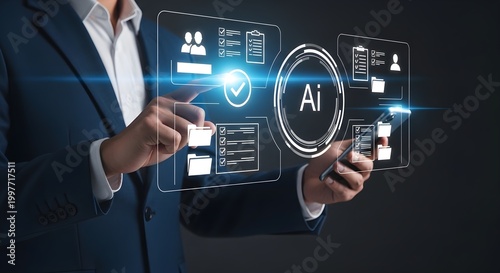 Artificial Intelligence AI for Business Process Automation, Document Management and Human Resources, Businessman using Holographic Digital Interface