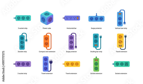 Power strip and socket icons of plug solutions on white background