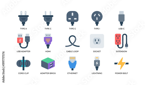 Collection of plug and cable icons arranged in labeled grid