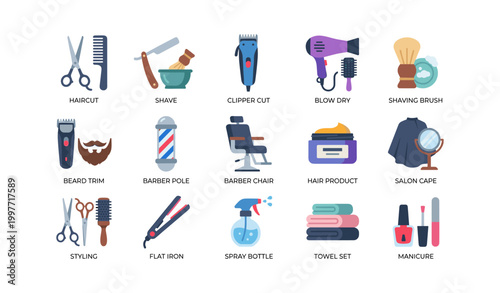 Barber and salon icons showing grooming services on white background