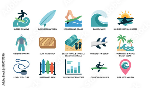 Surfing and beach gear icons arranged on white background