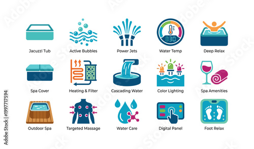 Spa and hot tub icons showing wellness features on white background