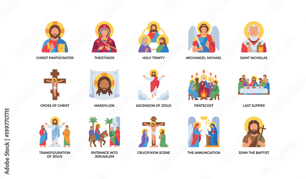 Fototapeta premium Christian icons and scenes arranged in grid on white background