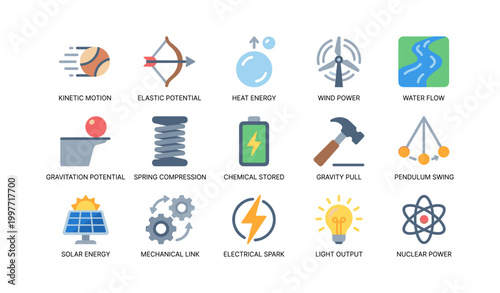 Assorted energy icons illustrating energy types in grid