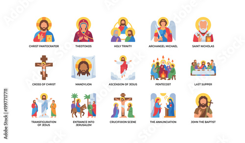 Christian icons and scenes arranged in grid on white background