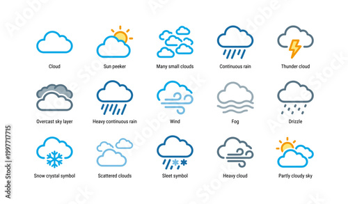 Weather and cloud icons arranged in grid on white background