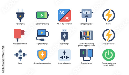 Power and charging icons arranged in grid on white background
